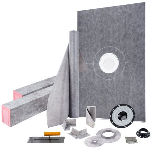 

VEVOR Shower Curb Kit, 48"x72" Watertight Shower Curb Overlay with 4" PVC Central Bonding Flange, 4" Stainless Steel Grate, 2 Cuttable Shower Curb and Trowel, Shower Pan Slope Sticks Fit for Bathroom