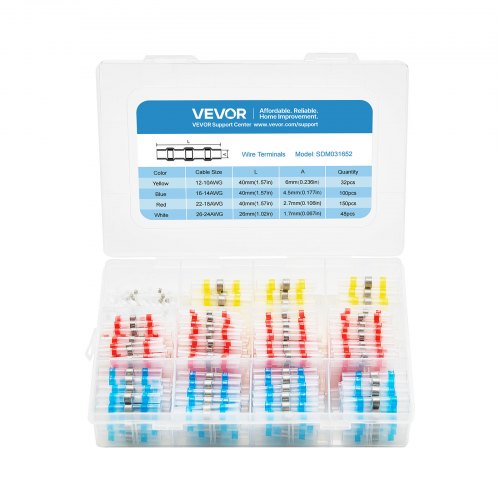 

VEVOR Heat Shrink Butt Connectors, 330PCS, Waterproof Solder Seal Wire Connectors Kit, Electrical Terminals Insulated Solderless Wiring, 4 Colors 4 Sizes 26-10 AWG, for Industrial Marine Automotive