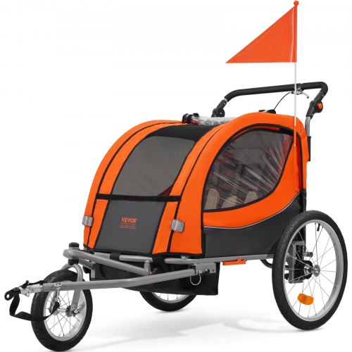 

VEVOR Bike Trailer for Toddlers, Kids, Double Seat, 45 kg Load, 2-In-1 Canopy Carrier Converts to Stroller, Tow Behind Foldable Child Bicycle Trailer with Universal Bicycle Coupler, Orange and Gray