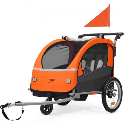 

VEVOR Bike Trailer for Toddlers, Kids, Double Seat, 45 kg Load, 2-In-1 Canopy Carrier Converts to Stroller, Tow Behind Foldable Child Bicycle Trailer with Universal Bicycle Coupler, Orange and Gray