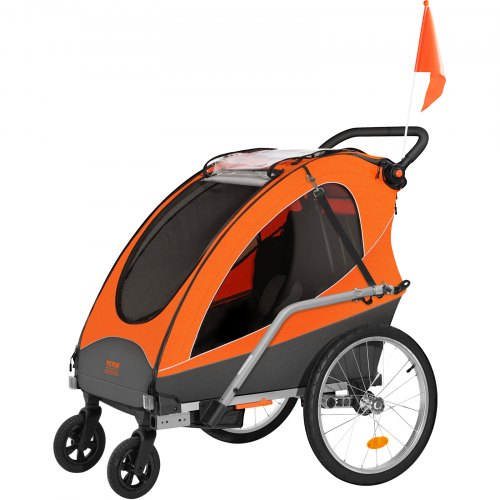 

VEVOR Bike Trailer for Toddlers, Kids, Double Seat, 110 lbs Load, 2-In-1 Canopy Carrier Converts to Stroller, Tow Behind Foldable Child Bicycle Trailer with Universal Bicycle Coupler, Orange and Gray