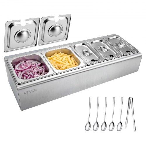 

VEVOR Countertop Food Serving Display Container, Stainless Steel Food Salad Server Tray, Buffet Condiment Dispenser, Ice Cooled Rack with Separate Lid, for Restaurant Hotel Kitchen (2x1/6+3x1/9 Pan)