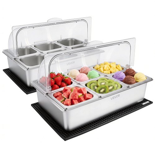 

VEVOR Countertop Food Serving Display Container, Stainless Steel Food Salad Server Tray, Buffet Condiment Dispenser, Ice Cooled Rack with Clear Roll Top Cover, for Restaurant Hotel (6x1/6 Pan x2)