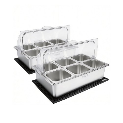 

VEVOR Countertop Food Serving Display Container, Stainless Steel Food Salad Server Tray, Buffet Condiment Dispenser, Ice Cooled Rack with Clear Roll Top Cover, for Restaurant Hotel (6x1/6 Pan x2)