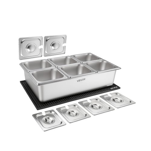 

VEVOR Countertop Food Serving Display Container, Stainless Steel Food Salad Server Tray, Buffet Condiment Dispenser, Ice Cooled Rack with Separate Lid, for Restaurant, Hotel, Party (6x1/6 Pan)