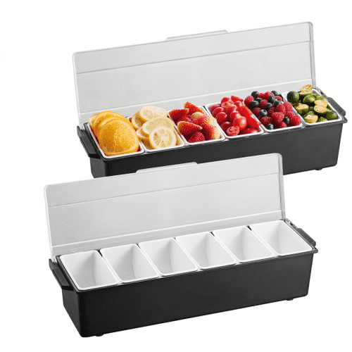 

VEVOR Ice Cooled Condiment Serving Container, 6 Compartments Chilled Server, Fruit Veggie Condiment Caddy, Plastic Garnish Station Lid Dispenser Tray, for Bartending & Serving Taco Restaurant Supplies