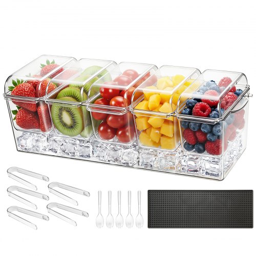 

VEVOR Chilled Condiment Server Caddy, 5 Compartment Ice Cooled Serving Container, Plastic Fruit Garnish Tray Platter with Separate Lid, for Taco Salad Bar Accessories, Party Home Restaurant Supplies