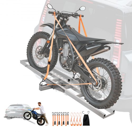 Vevor Motorcycle Carrier, 400 Lbs Capacity, Heavy Duty Aluminum Hitch Mount Rack With 47In Loading Ramp, Straps & Stabilizer, Scooter Dirt Bike Traile-image
