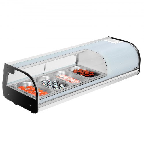 

VEVOR Sushi Display Case Refrigerator, 1.5 Cu.ft Commercial Sushi Case, 4-Pan Countertop Showcase with Curved Glass, LED Lighting, and Digital Temperature Control, for Sushi-Bar, Restaurant, Store