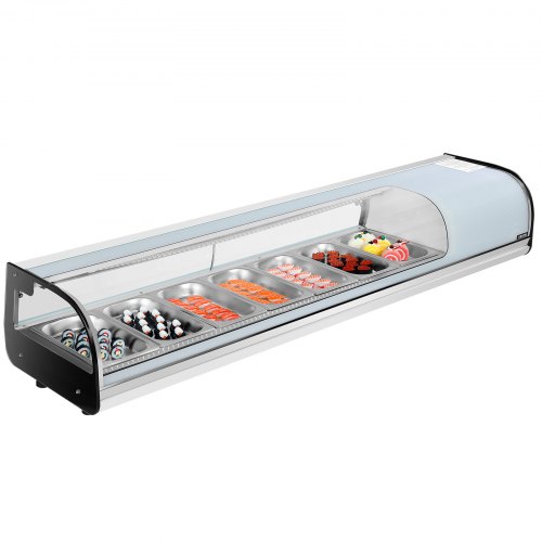 VEVOR Sushi Display Case Refrigerator, 2.5 Cu.ft Commercial Sushi Case, 7-Pan Countertop  Showcase with Curved Glass, LED Lighting, and Digital Temperature Control, for Sushi-Bar, Restaurant, Store