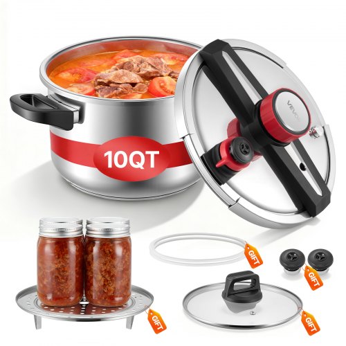 

VEVOR Pressure Cooker, 10Qt Pressure Cooker Stainless Steel, Pressures Canner with Steaming Rack, Tempered Glass Lid, Three Pressures Settings for Meat, Beans, Rice, Soup, Sauces, Cook up to 100 kPa