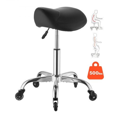 

VEVOR Saddle Stool with Wheels, 500 lbs Weight Capacity, Height Adjustable, Quiet Casters, Ergonomic PU Leather Seat, 360° Swivel Saddle Stool Rolling Chair for Salon, Spa, Bar, Home, Medical, Black
