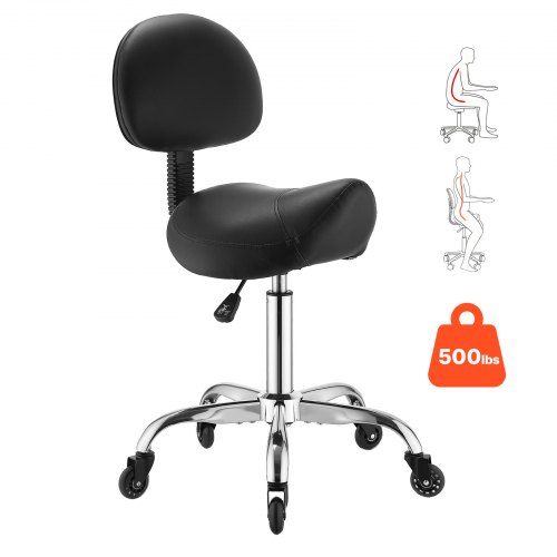 

VEVOR Saddle Stool with Back Support, 500 lbs Weight Capacity, Height Adjustable, Quiet Casters, Ergonomic PU Leather Seat, 360° Swivel Saddle Stool Rolling Chair for Salon, Spa, Bar, Medical, Black