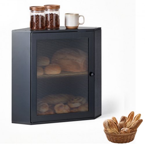 Vevor Corner Bread Box for Kitchen Counter Bamboo Wood Container Black, for Homemade Bread, Under Cabinet, and Pantry, Double Layer Farmhouse Breadbox Bin, with Acrylic Door Panel and Air Vents
