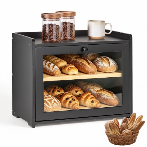 VEVOR Bread Box for Kitchen Counter Bamboo Wood Storage Container Black, for Homemade Bread, Under Cabinet, and Pantry, Double Layer Farmhouse Breadbox Bin, with Acrylic Door Panel and Air Vents