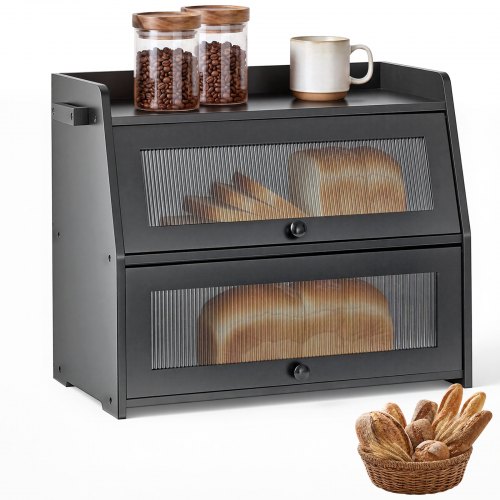 Vevor Bread Box for Kitchen Counter Bamboo Wood Storage Container Black, for Homemade Bread, Under Cabinet, and Pantry, Double Layer Farmhouse Breadbox Bin, with Acrylic Door Panel and Air Vents