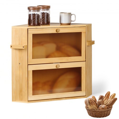 VEVOR Corner Bread Box for Kitchen Counter Bamboo Wood Container Natural, for Homemade Bread, Under Cabinet, and Pantry, Double Layer Farmhouse Breadbox Bin, with Acrylic Door Panel and Air Vents