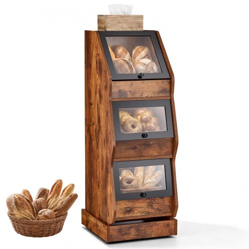 Vevor Bread Box for Kitchen Bamboo Wood Storage Container Brown, for Homemade Bread, and Pantry, Triple Layer Farmhouse Breadbox Bin, with Acrylic Door Panel and Air Vents