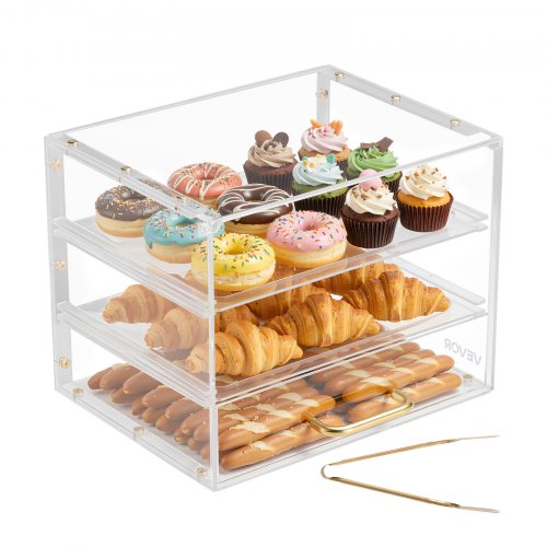 

VEVOR Bakery Display Case, 3-Tier Commercial Countertop Pastry Display Case, Clear Acrylic Bread Box for Kitchen, Party Cake Cabinet with Flip-Up Door for Cookie Dessert Donut, 13" x 10.2" x 10.2