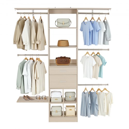 VEVOR Closet System with 2 Drawers, Adjustable Height Wooden Closet Organizers, Modern Walk-in Wardrobe Organization with 5 Retractable Clothes Hanger