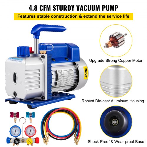 Vevor A/C Manifold Gauge Set R134A R410a R22 With 3 CFM 1/4HP Air Vacuum Pump 