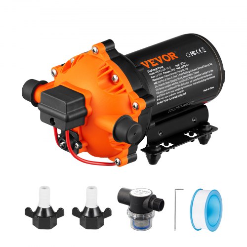 

VEVOR Water Diaphragm Pump, 12V DC, 5.5 GPM Flow, 70 PSI Rated Pressure (40-100 PSI Adjustable), 1/2" MNPT Self Priming Sprayer Pump with Pressure Switch for RV Camper Marine Boat Lawn, FCC Certified