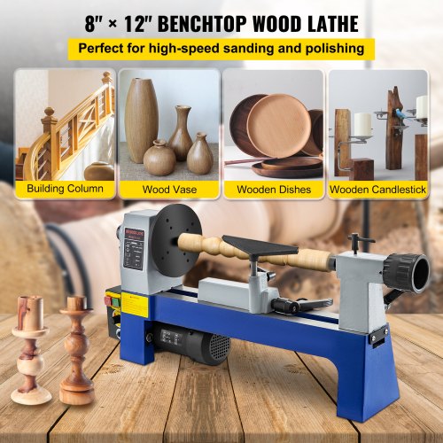 8''x12'' Variable Speed Benchtop Wood Lathe 1/3HP 500-3200RPM 1" 8 TPI Spindle