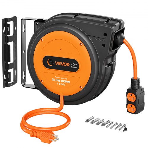 VEVOR 40FT Retractable Extension Cord Reel, Damped Slow Retraction System, 10AWG/3C Heavy Duty Power Cord 2500W, 4 Outlets, 20A Circuit Breaker, Ceiling/Wall Mount for Garage/Shop, ETL Listed, Orange