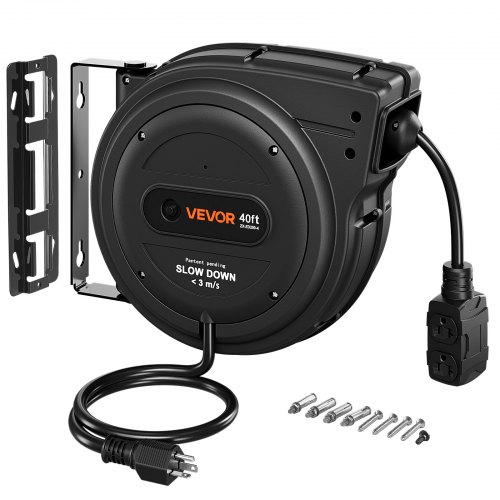VEVOR 40FT Retractable Extension Cord Reel, Damped Slow Retraction System, 10AWG/3C Heavy Duty Power Cord 2500W, 4 Outlets, 20A Circuit Breaker, Ceiling/Wall Mount for Garage/Shop, ETL Listed, Black