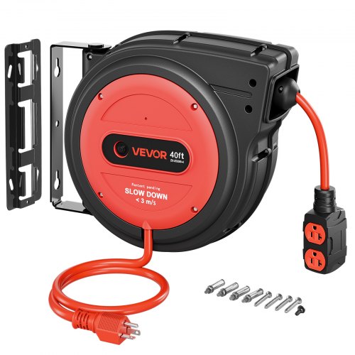 VEVOR 40FT Retractable Extension Cord Reel, Damped Slow Retraction System, 10AWG/3C Heavy Duty Power Cord 2500W, 4 Outlets, 20A Circuit Breaker, Ceiling/Wall Mount for Garage/Shop, ETL Listed, Red