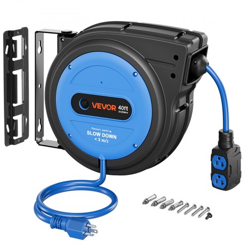 VEVOR 40FT Retractable Extension Cord Reel, Damped Slow Retraction System, 10AWG/3C Heavy Duty Power Cord 2500W, 4 Outlets, 20A Circuit Breaker, Ceiling/Wall Mount for Garage/Shop, ETL Listed, Blue