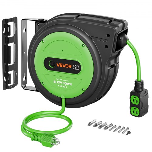 VEVOR 40FT Retractable Extension Cord Reel, Damped Slow Retraction System, 10AWG/3C Heavy Duty Power Cord 2500W, 4 Outlets, 20A Circuit Breaker, Ceiling/Wall Mount for Garage/Shop, ETL Listed, Green