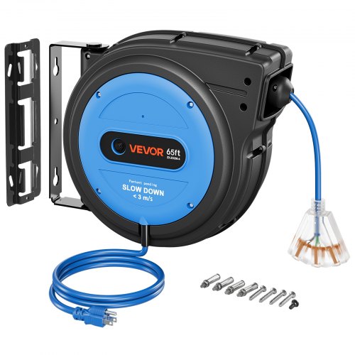 VEVOR 65FT Retractable Extension Cord Reel, Damped Slow Retraction System, 12AWG/3C Heavy Duty Power Cord, Lighted Triple Tap, 15A Circuit Breaker, Ceiling/Wall Mount for Garage/Shop, ETL Listed, Blue