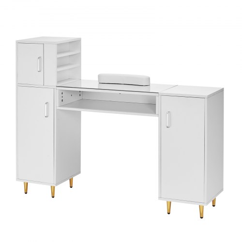 

VEVOR Manicure Table, Glass Top Nail Desk, Makeup Dressing Nail Station with Storage Cabinets, Acetone-Resistant Nail Tech Table for Beauty Salon Spa Workstation with 8 Metal Legs, Wrist Rest, White