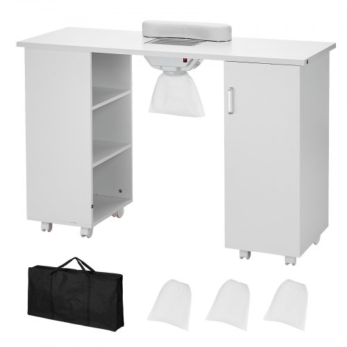 

VEVOR Manicure Table, Nail Table Station with Electric Dust Collector, Moveable Nail Tech Desk with 8 Wheels (4 Lockable), 3 Dust Bag & Wrist Rest, MDF Nail Art Workstation for Spa Beauty Salon, White