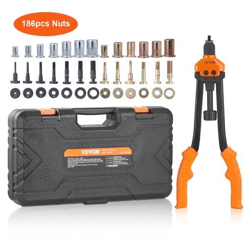 

VEVOR 16" Rivet Nut Tool, Labor-Saving Rivnut Tool Kit with 13PCS Metric & SAE Mandrels, 186PCS Rivet Nuts,M3, M4, M5, M6, M8, M10, M12, 1/4-20, 5/16-18, 3/8-16,1/2-13, 8-32, 10-24 With Carrying Case
