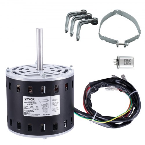 VEVOR 1/2HP Furnace Blower Motor, 208/230V 2.7Amps, 1075RPM 5 Speeds, CW/CCW Rotation, 48 Frame 3.4″ Shaft Length, 7.5μF/450V Capacitor + 11″ Hold Hoo