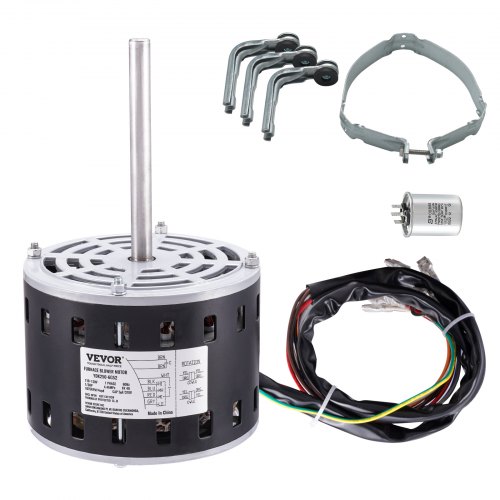 

VEVOR 1/3HP Furnace Blower Motor, 110/120V 4.4Amps, 1075RPM 4 Speeds, CW/CCW Rotation, 48 Frame 5.2" Shaft Length, 5μF/370V Capacitor + 11" Hold Hoop