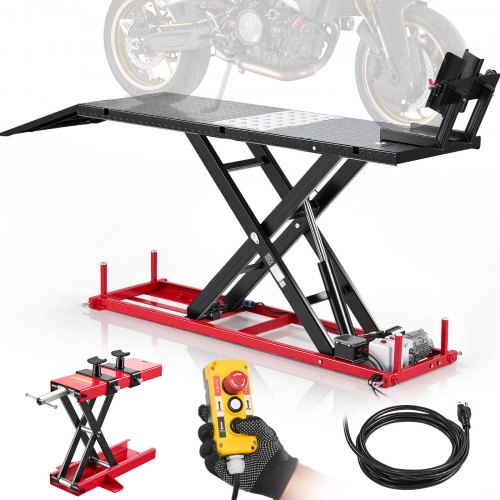 

VEVOR Motorcycle Lift Table, 1500 lbs Capacity, Electric Hydraulic Pump with Scissor Lift Jack, Adjustable Wheel Chock, 9.05"-41.73" Height Range, 78.3" x 26.3" Heavy Duty Repair Stand for Dirt Bike