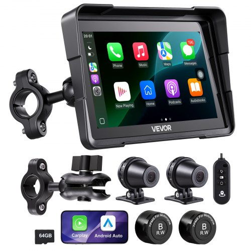 Vevor 7 Inch Wireless Motorcycle Carplay With Apple Carplay & Android Auto, HD Touchscreen GPS Navigation System With Dual Cameras & Bluetooth, Tpms,-image