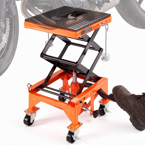 

VEVOR Hydraulic Motorcycle Lift Table, 350 LBS Capacity Motorcycle Scissor Jack Lift with Wide Deck, J-hooks, 4 Wheels, Hydraulic Foot-Operated Jack Stand for ATV Dirt Bikes