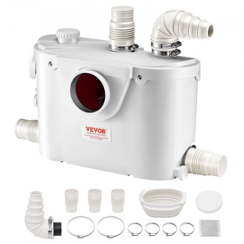 

VEVOR Macerator Pump, 500W, 29 GPM Flow, 26 ft/8 m Head, Macerator Sewerage Toilet Pump with 4 Water Inlets, Waste Water Disposal Upflush Machine for Toilet, Basement, Shower, Sink, Laundry, Bathtub