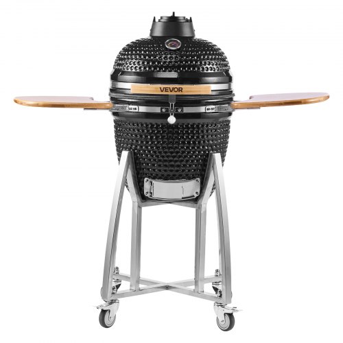 VEVOR Charcoal Smoker and Grill, 450mm Kamado Charcoal BBQ Smoker, Movable Ceramic Barbecue Grill with 4 Wheels (2 Lockable), Built-in Thermometer, Air Vent & Side Shelf for Outdoor Patio Yard Cooking