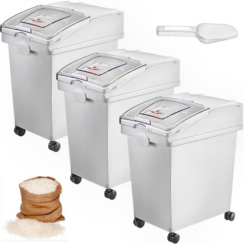 

VEVOR Rice Storage Container, 6.6Gallon/25L x3 Capacity Large Dog Food Dispenser Bin, Kitchen Ingredient Grain Cereal Flour Bin, Pet food Containers with Wheels, 3 Scoops, and Airtight Lid, 3 Pack