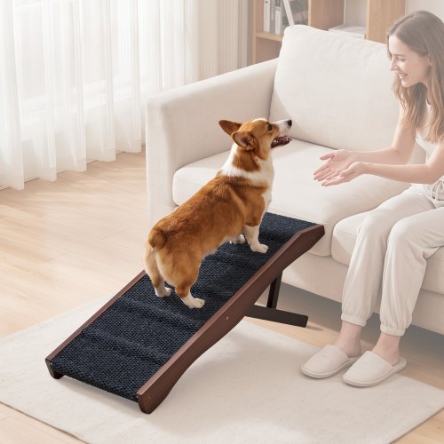 VEVOR Dog Ramp for Bed 12.6"-16.5" 4 Adjustable Height Foldable Pet Ramp, for Small & Senior Dogs to Get on Couch Sofa, 35" Long, Up to 200 lbs, Portable Wooden with Non-Slip Felt Surface & Handle