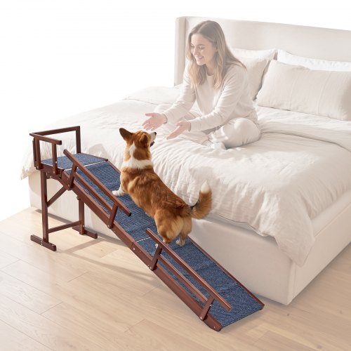 VEVOR Dog Ramp for Bed Couch 74" Long Wooden Pet Ramp with 22° Gentle Slope, for Small & Senior Dogs to Get on Sofa, Up to 200 lbs Load, Designed with Side Rails, Non-Slip Felt Surface & Top Platform