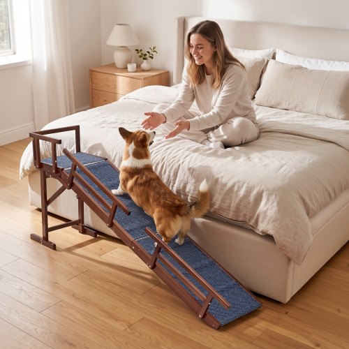 VEVOR Dog Ramp for Bed Couch 74" Long Wooden Pet Ramp with 22° Gentle Slope, for Small & Senior Dogs to Get on Sofa, Up to 200 lbs Load, Designed with Side Rails, Non-Slip Felt Surface & Top Platform