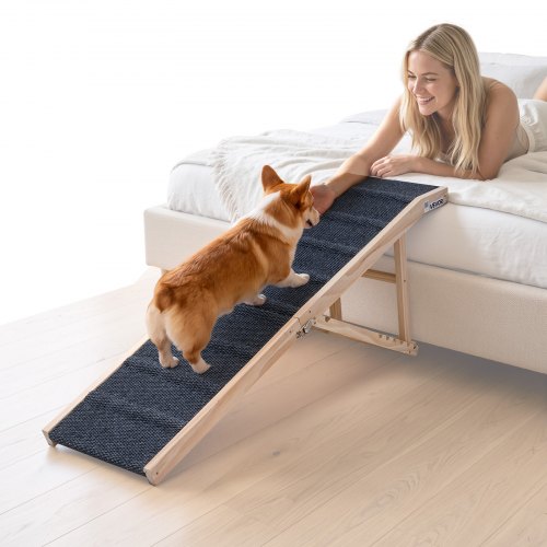 VEVOR Dog Ramp for Bed 23.2"-28.3" 6 Adjustable Height Foldable Pet Ramp, for Small & Senior Dogs to Get on Couch Sofa, 63" Long, 200 lbs, Portable Wooden with Non-Slip Surface, Top Platform & Handle
