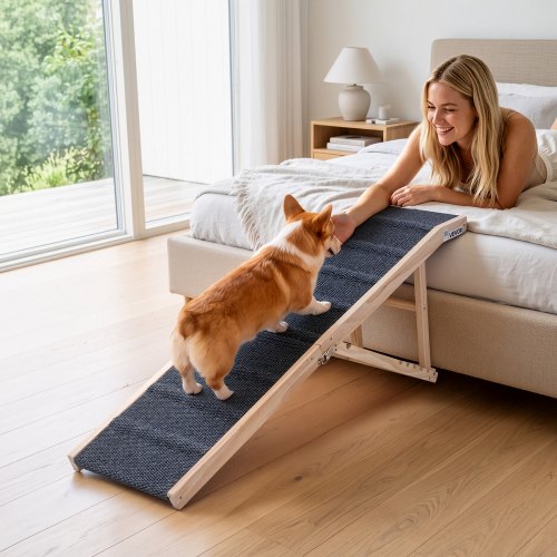 VEVOR Dog Ramp for Bed 23.2"-28.3" 6 Adjustable Height Foldable Pet Ramp, for Small & Senior Dogs to Get on Couch Sofa, 63" Long, 200 lbs, Portable Wooden with Non-Slip Surface, Top Platform & Handle