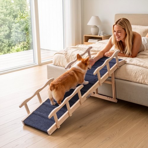 VEVOR Dog Ramp for Bed 23.2"-28.3" 6 Adjustable Height Foldable Pet Ramp, for Small/Senior Dogs to Get on Couch Sofa, 63" Long, 200 lbs Portable Wooden with Side Rails, Non-Slip Surface, Top Platform